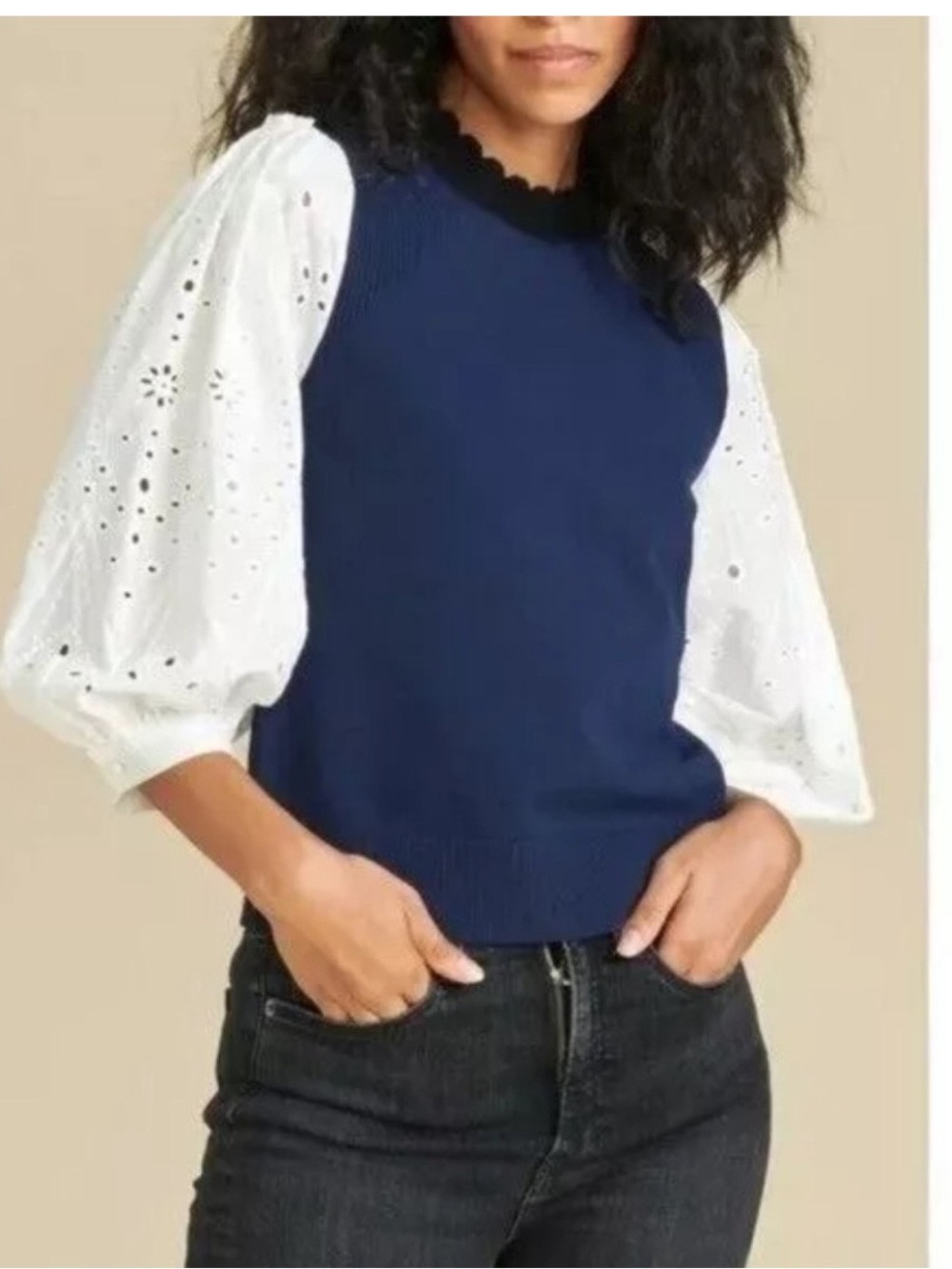 Veronica Beard Roy Navy Knit Top with White Eyelet Puff Sleeves